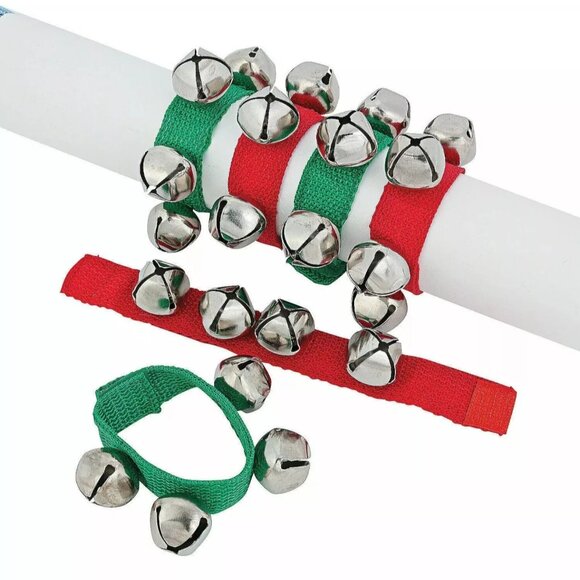 Set of 6 ~ Christmas Silver Jingle Bell Bracelets ~ 3 each Green and Red Bands - Picture 1 of 1